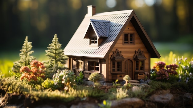 Wooden model of house on grass