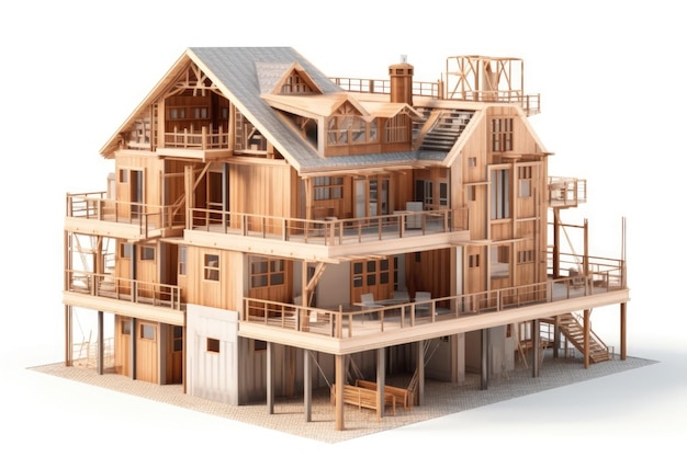 Деревянная модель дома с балконами в окружении зелени Generative AI