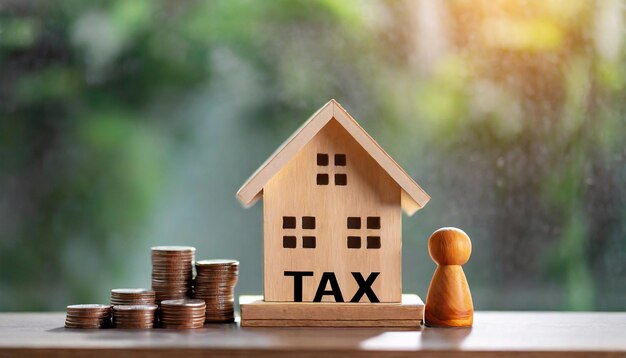 Wooden model representing property tax on a tabletop symbolizing financial planning real estate a