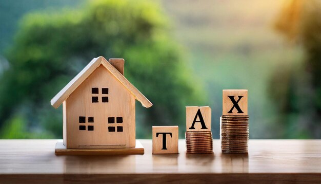 Wooden model representing property tax on a tabletop symbolizing financial planning real estate a