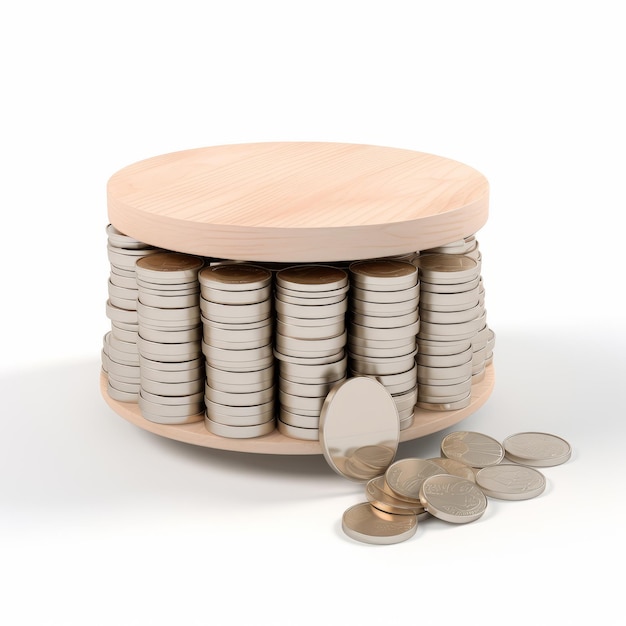 Wooden Money Box With Counting Coins Ambient Occlusion Style