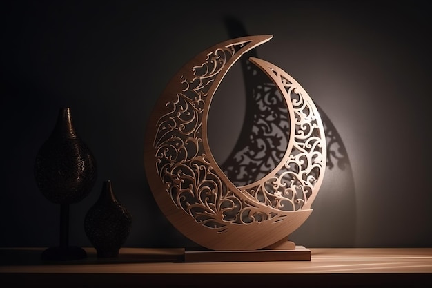 A wooden moon sculpture with a dark background and a lamp on the table.