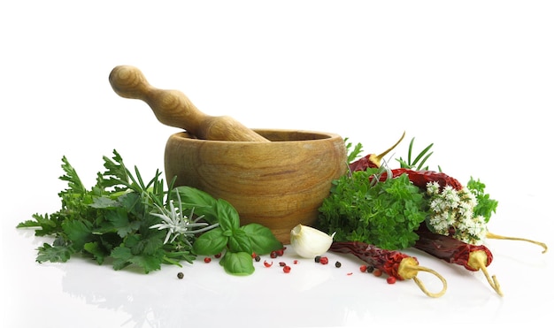 Wooden mortar and pestle with fresh herbs