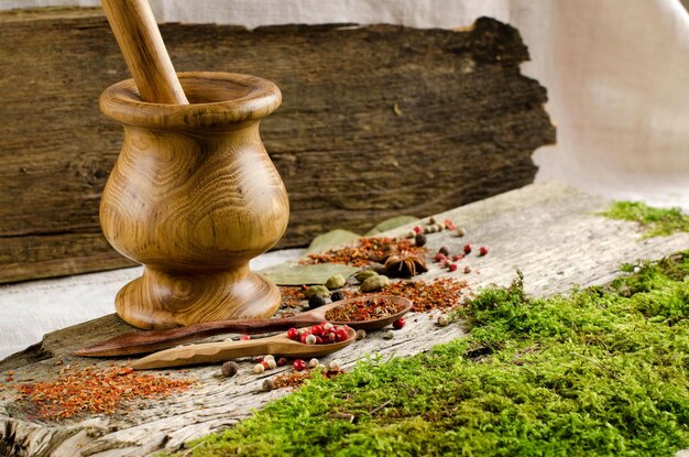 Wooden mortar and spices