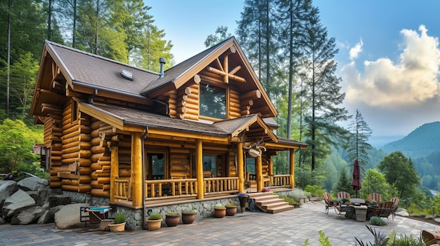 丸太で建てた木造の山の家 ポーチ付きの美しいログハウス Ai Generative