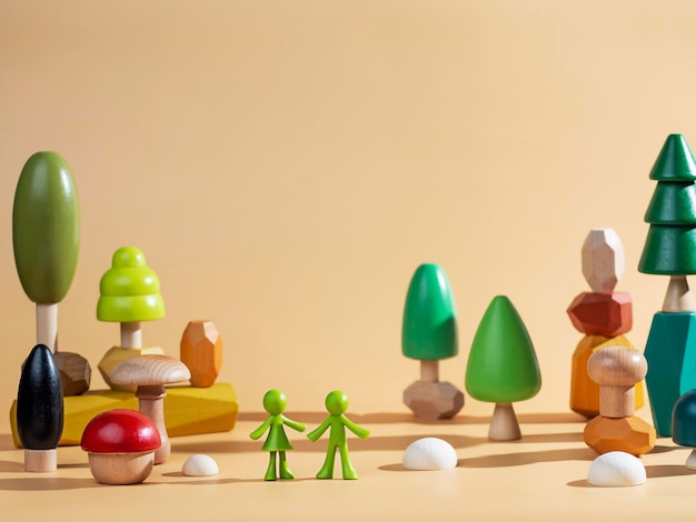 Wooden mushrooms trees and other figures on a beige background with hard shadows Concept of ecology earth conservation travel