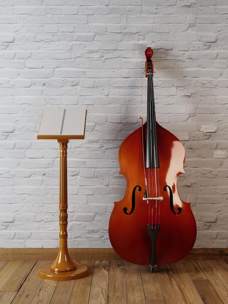 Wooden musical mockup poster stand and contrabass in retro interior 3D render