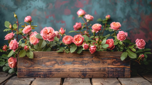 Wooden natural background with pink roses copy space