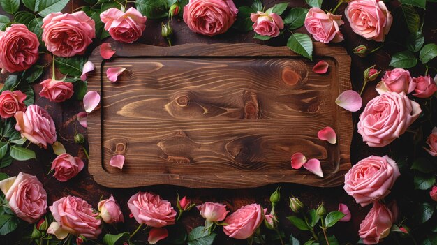 Wooden natural background with pink roses top view copy space