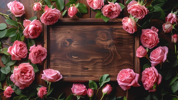 Wooden natural background with pink roses top view copy space