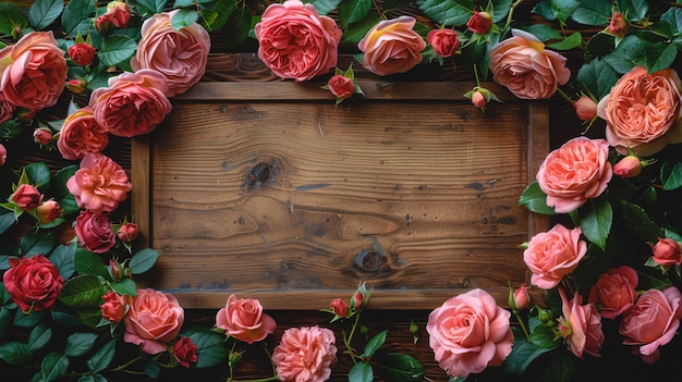 Wooden natural background with pink roses top view copy space