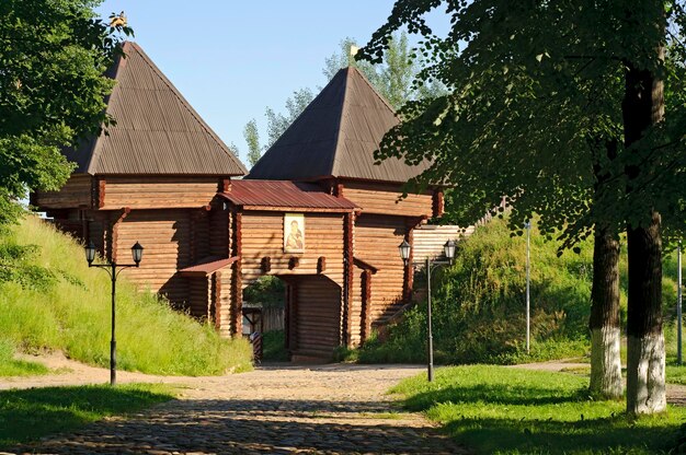 Wooden Nikolsky gate of the Dmitrov Kremlin on a summer morning Dmitrov Moscow region Russia