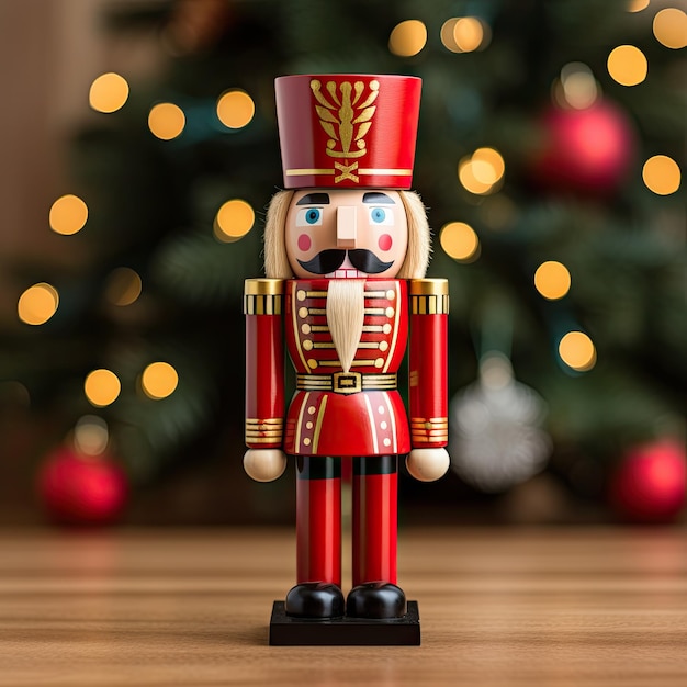 Wooden nutcracker in a classic red uniform