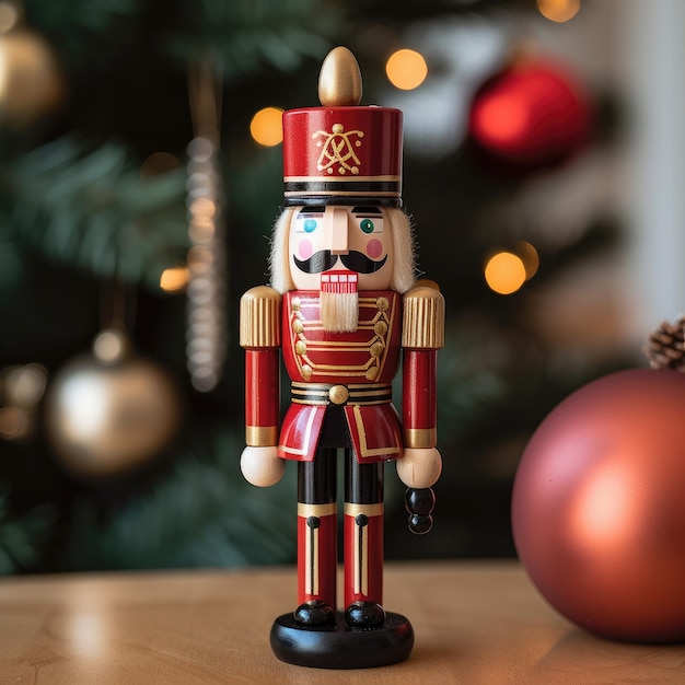 Wooden nutcracker in a classic red uniform