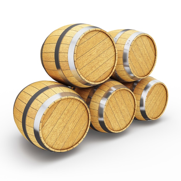 Wooden oak brandy wine beer barrels isolated on white background