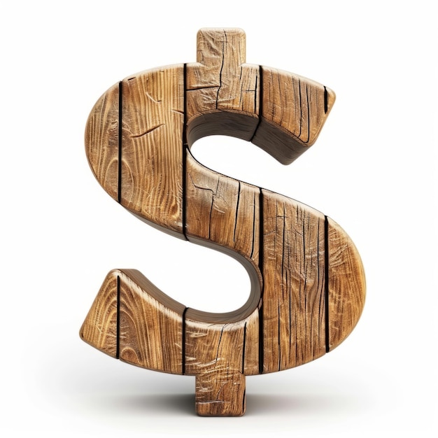 Wooden oak dollar sign on white background