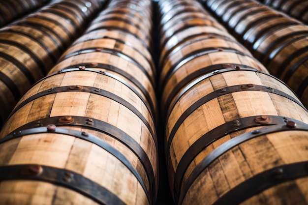 Wooden oak Port barrels in neat rows