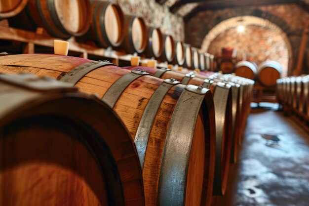 Wooden oak wine barrels stacked in a row