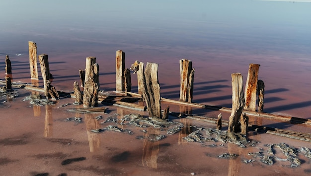 Wooden obstacles in the sea of Jarilgach island Ukraine At daytime