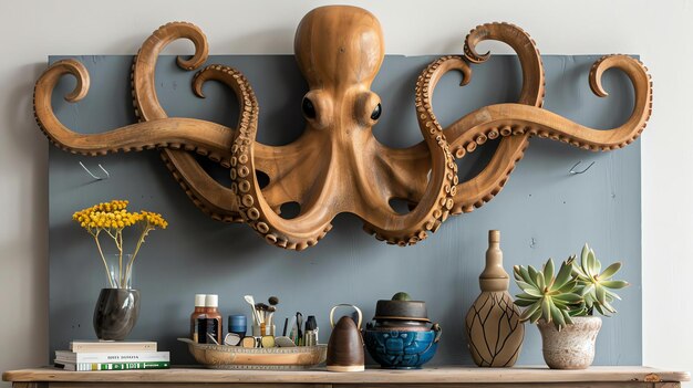 A wooden octopus wall sculpture hangs above a wooden table On the table are some books vases and other decorative objects