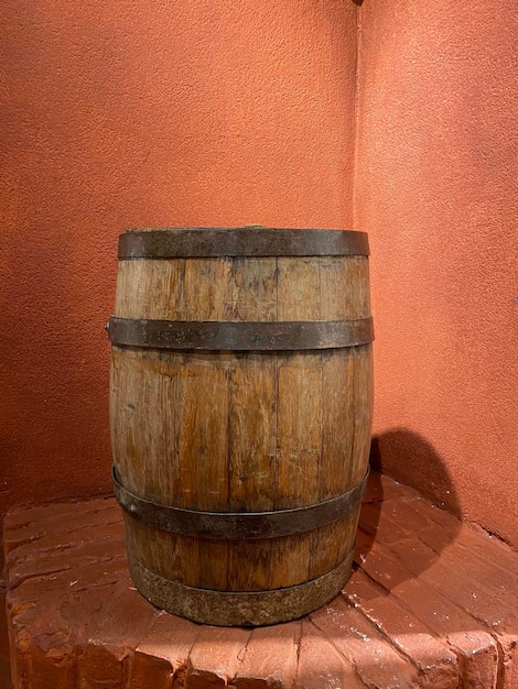 Wooden old beer barrel in the cave