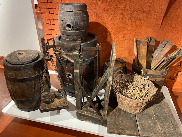 Wooden old beer barrel in the cave