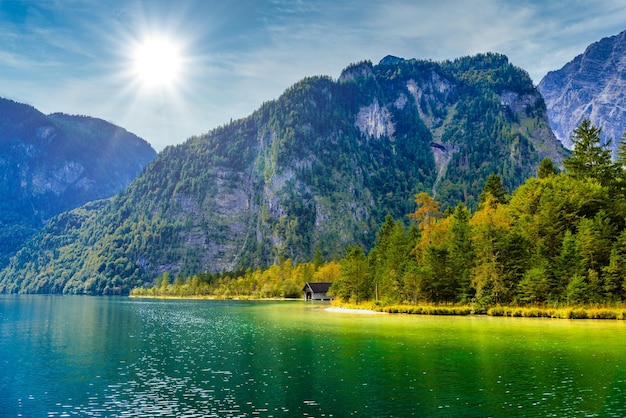 Wooden old fish house on the lake Koenigssee Konigsee Berchtesgaden National Park Bavaria Germany