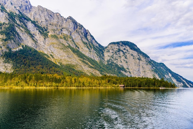 Wooden old fish house on the lake Koenigssee Konigsee Berchtesgaden National Park Bavaria Germany