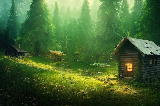 Wooden old house and outbuildings in the summer forest among green trees 3d illustration