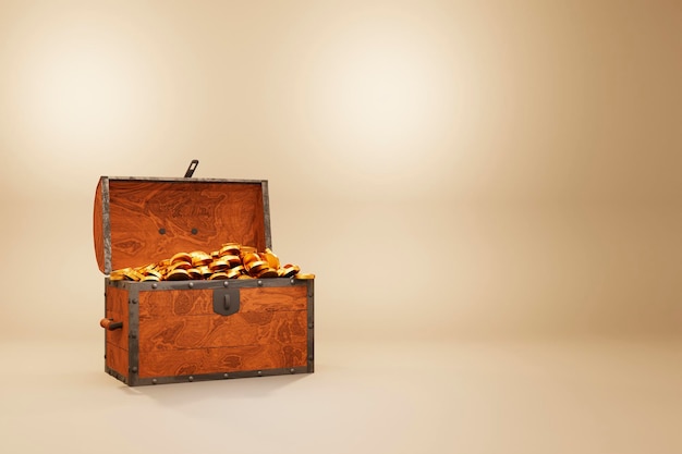 Wooden open chest with gold coins or treasure on beige
background 3d rendering illustration