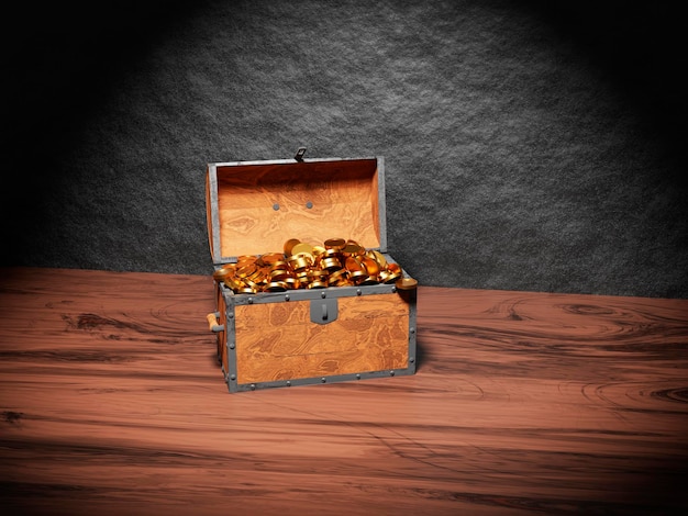 Wooden open chest with gold coins or treasure in room 3d rendering illustration