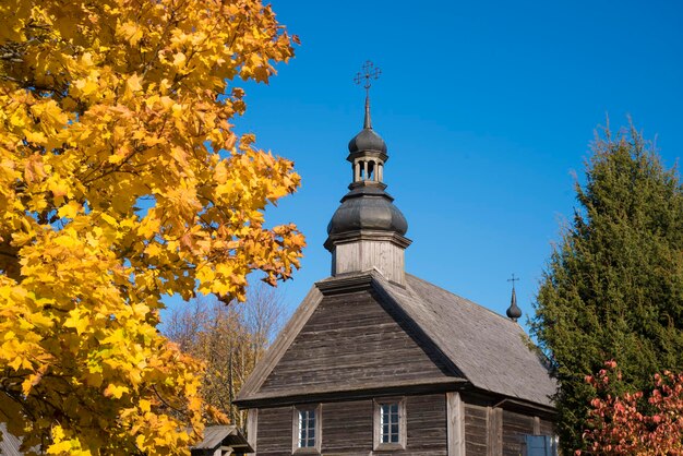 Wooden orthodox church in the fall