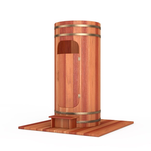 Wooden Outdoor Modern Spa Shower Cabinet in Shape of Plank Barrel 3d Rendering