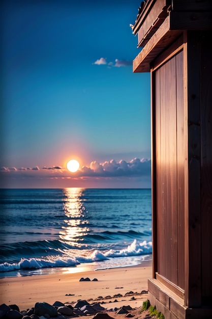 A wooden outhouse with the sun setting behind it