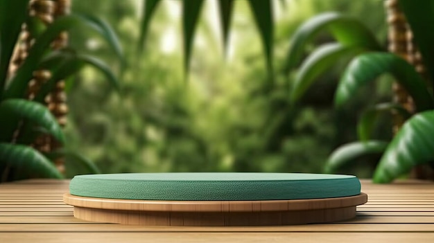 Wooden oval podium in modern tropical background