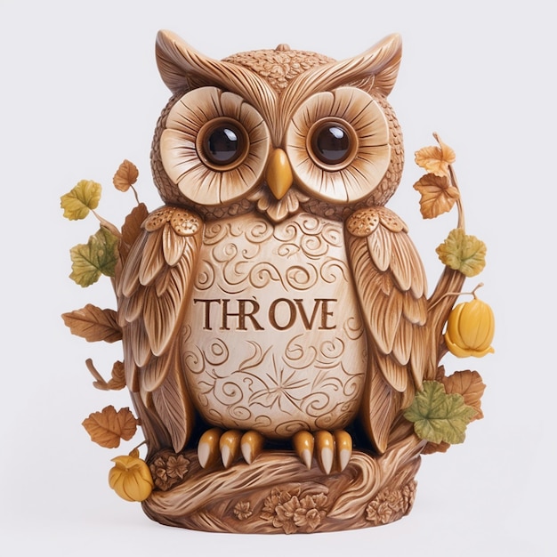 a wooden owl statue with the word " kiss " on it.