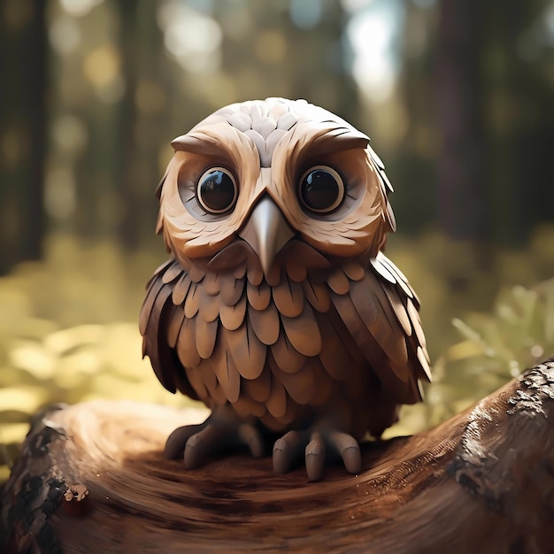 A wooden owl with large eyes sits on a log in a forest.