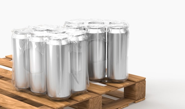 プラスチック製のラップにブリキ缶が入った木製パレット 飲み物の保管と配送のためのパッケージのモックアップ 工場や店舗の倉庫にある透明なシュリンクフィルムにソーダやビールが入った金属製の瓶
