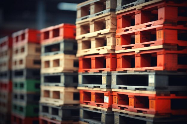 Wooden pallets stacked in a warehouse on blurred background Generative AI illustration