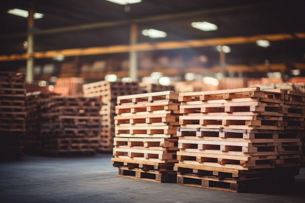 Wooden pallets stacked in a warehouse on blurred background Generative AI illustration