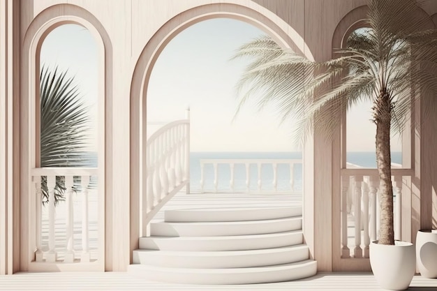 Wooden panel close up dreamy terrace over sea panorama palm trees archways in rosy plaster staircase Zen interior design concept idea contemporary architecture template illustration