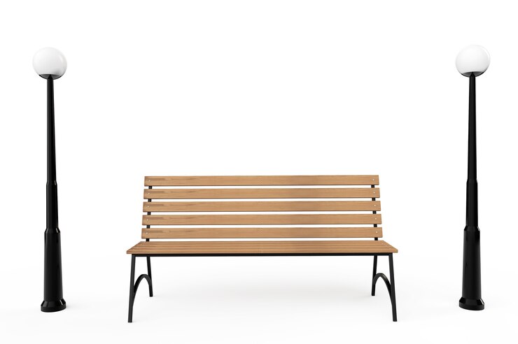Photo wooden park bench with street lamps on a white background