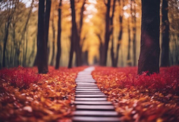 Wooden path in autumn forest with fallen leaves