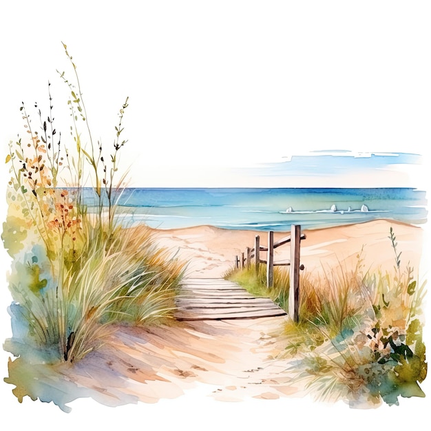 Wooden path on the beach Watercolor illustration for your design