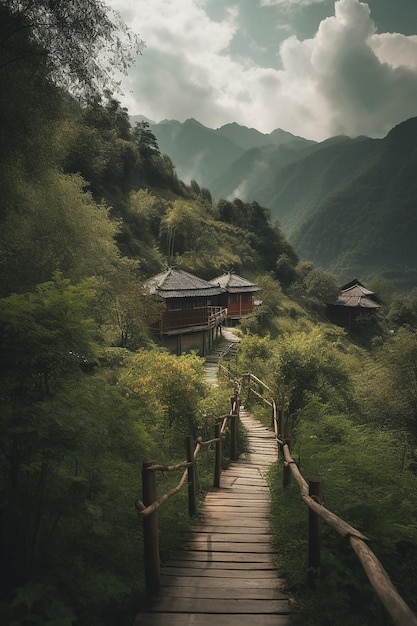 A wooden path leads to a mountain landscape with a cloudy sky in the background.