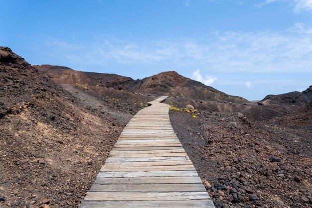 Wooden path near the rocks and stones