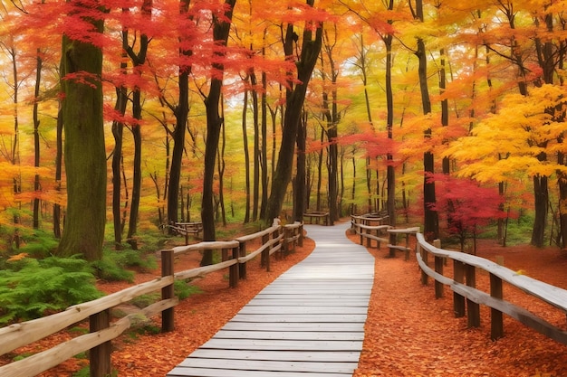 A wooden path through a forest with colorful trees generated by Ai