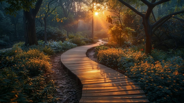 Wooden Pathway Through Tropical Forest