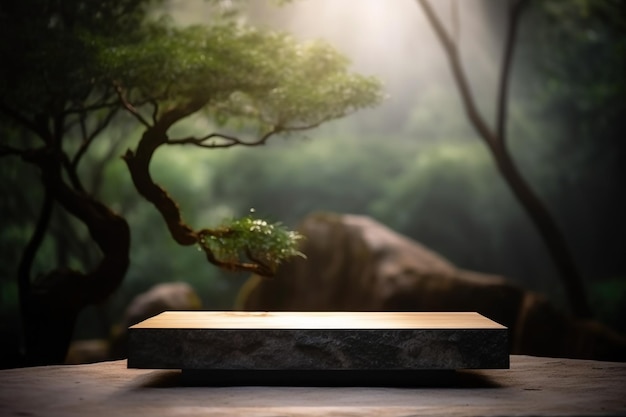 Wooden pedestal display platform for product placement nature background 3d rendering ai generated