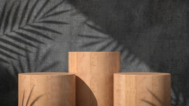 Wooden pedestal display stand for product show with trees shadow on concrete wall